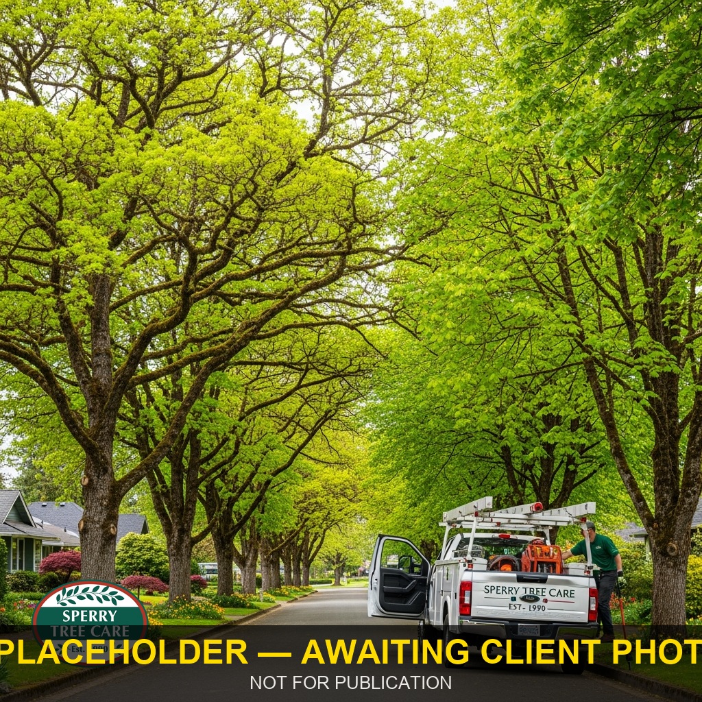 ISA certified arborist inspecting Oregon oak tree in spring