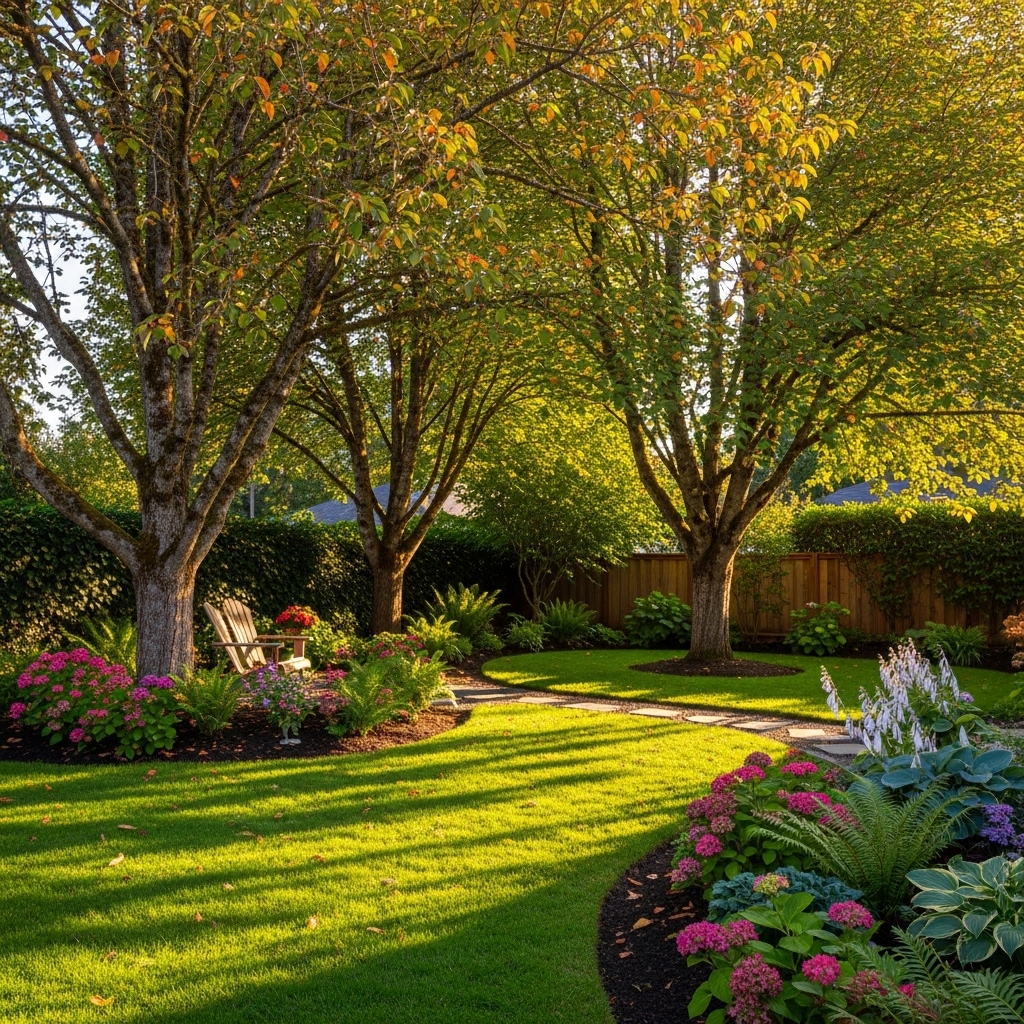 Beautiful mature trees Oregon residential backyard golden hour