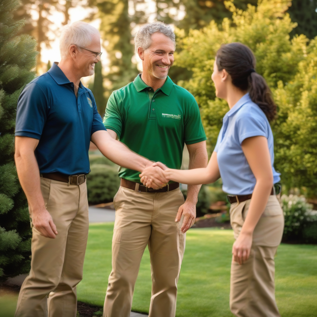 Happy homeowners with Sperry Tree Care arborist Oregon