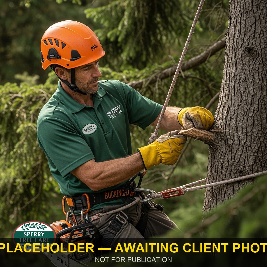 Professional arborist pruning in oak tree canopy