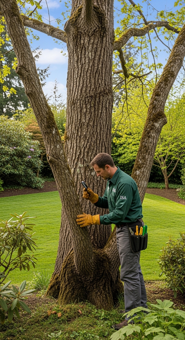 Professional arborist walking Oregon residential property